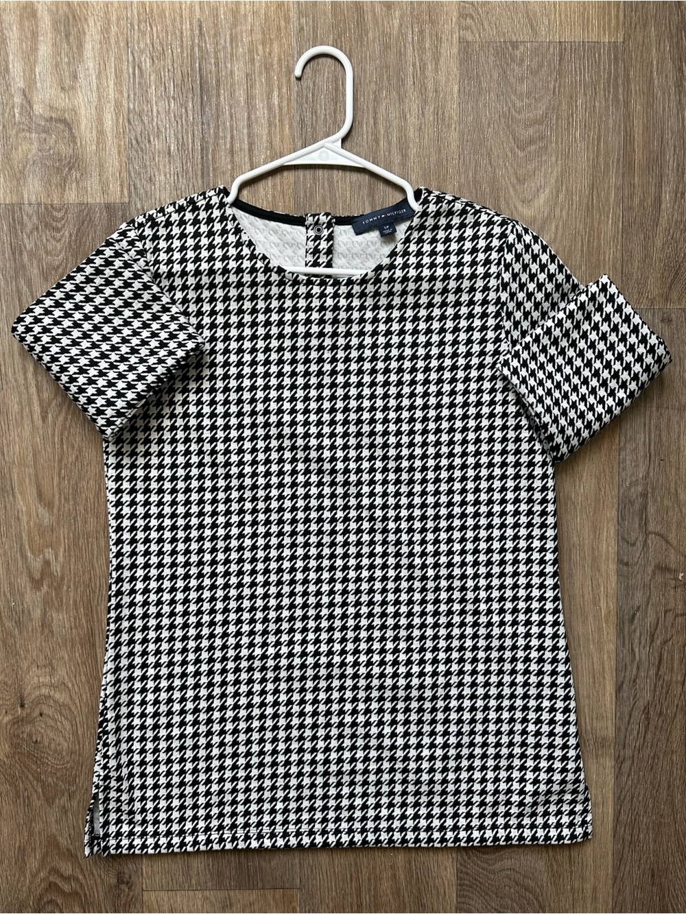 Tommy Hilfiger Long Sleeve Knit Houndstooth Top Blouse Black White Size Small